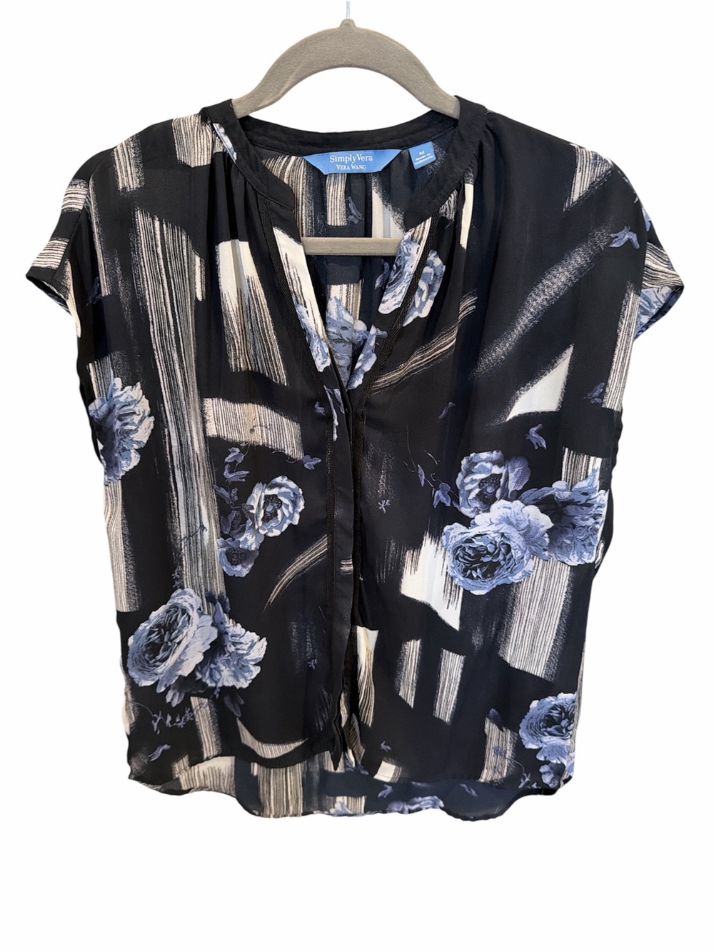 Simply Vera Vera Wang Black Floral Short-Sleeve V-Neck Blouse